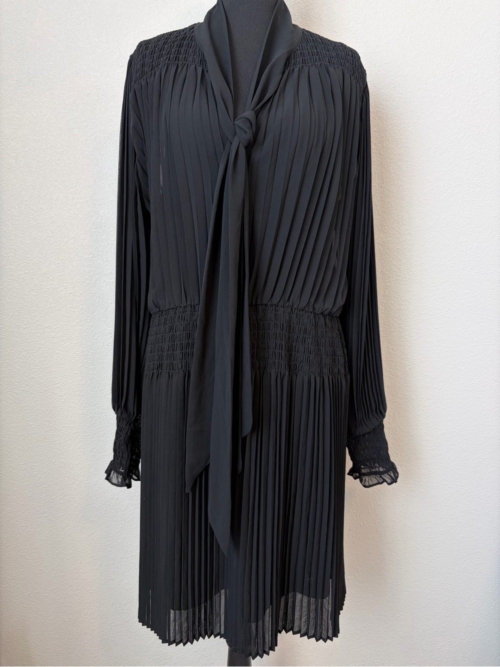 Banana Republic Black Pleated Tie-Neck Dress